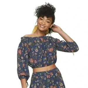 WOMEN’S Blouse Off The Shoulder‎ Smocked Cropped 3/4 Sleeve Top Small Size S